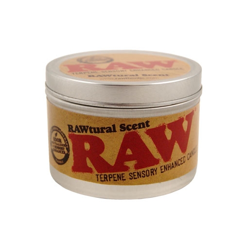 RAW VELA TERPENOS Frasco metálico com produto RAW com rótulo castanho e texto em vermelho e preto