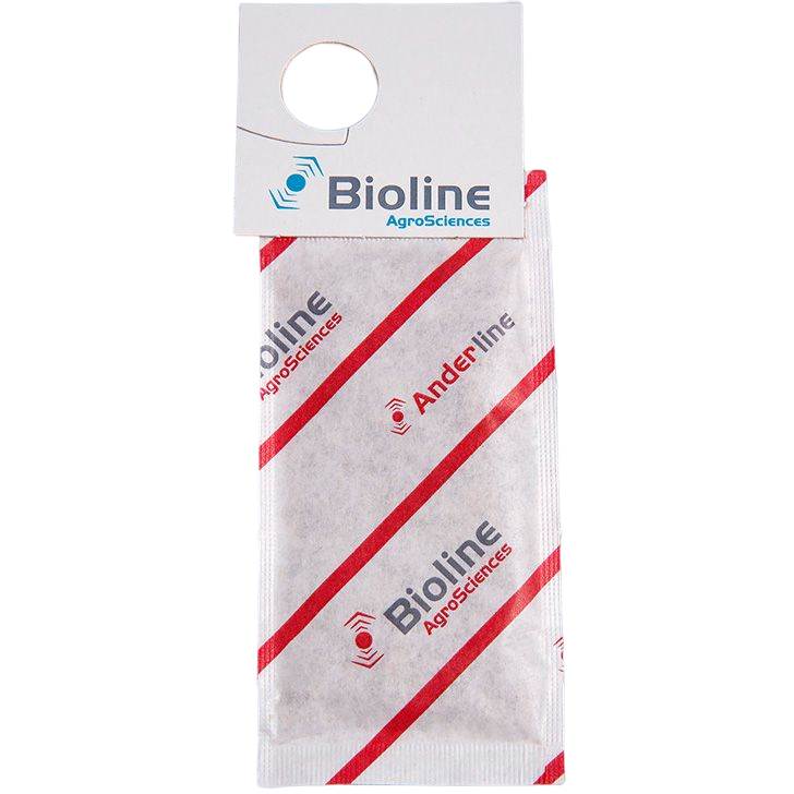 Anderline - Amblyseius Andersoni 200 Mini Saquetas Gancho 25.000 (Aranha Vermelha e Branca) Embalagem branca com padrões e texto Bioline AgroSciences e Anderline