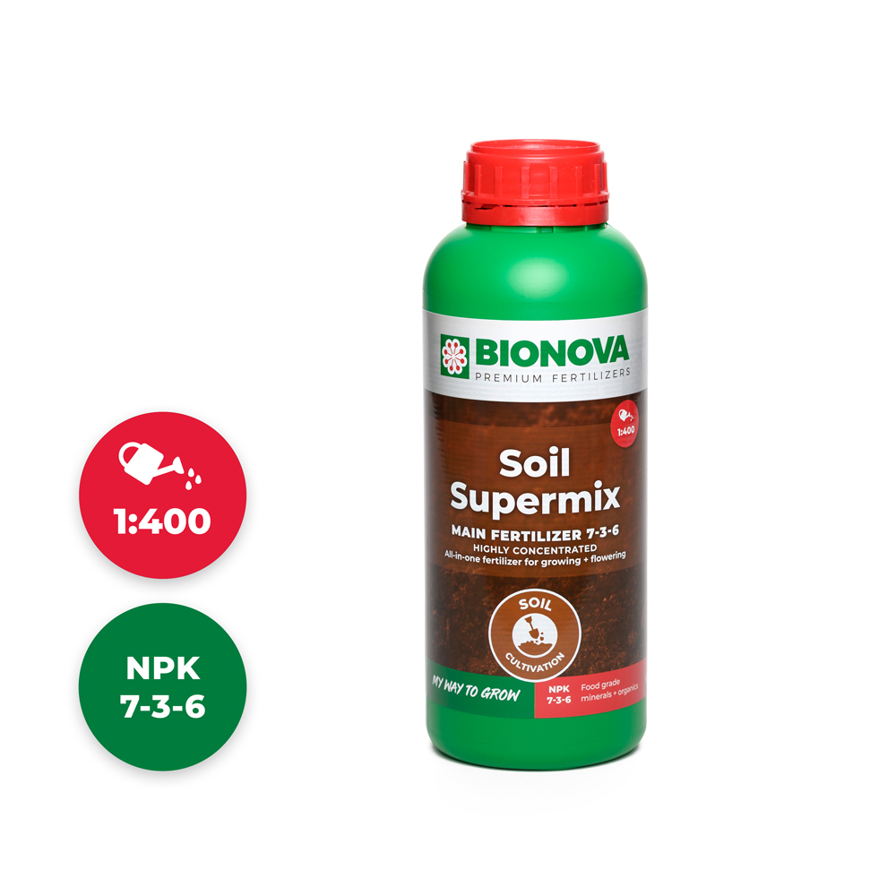 BIO NOVA ? SOIL SUPERMIX 1L Frasco verde com tampa vermelha do fertilizante Bionova Soil Supermix com rótulo marrom