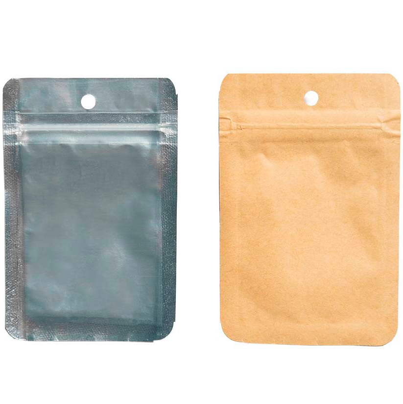 Sacos Zip Anti-odor Kraft 1g 7.5x11cm (Pack 50uds) Duas embalagens com fecho zip, uma castanha e outra prateada