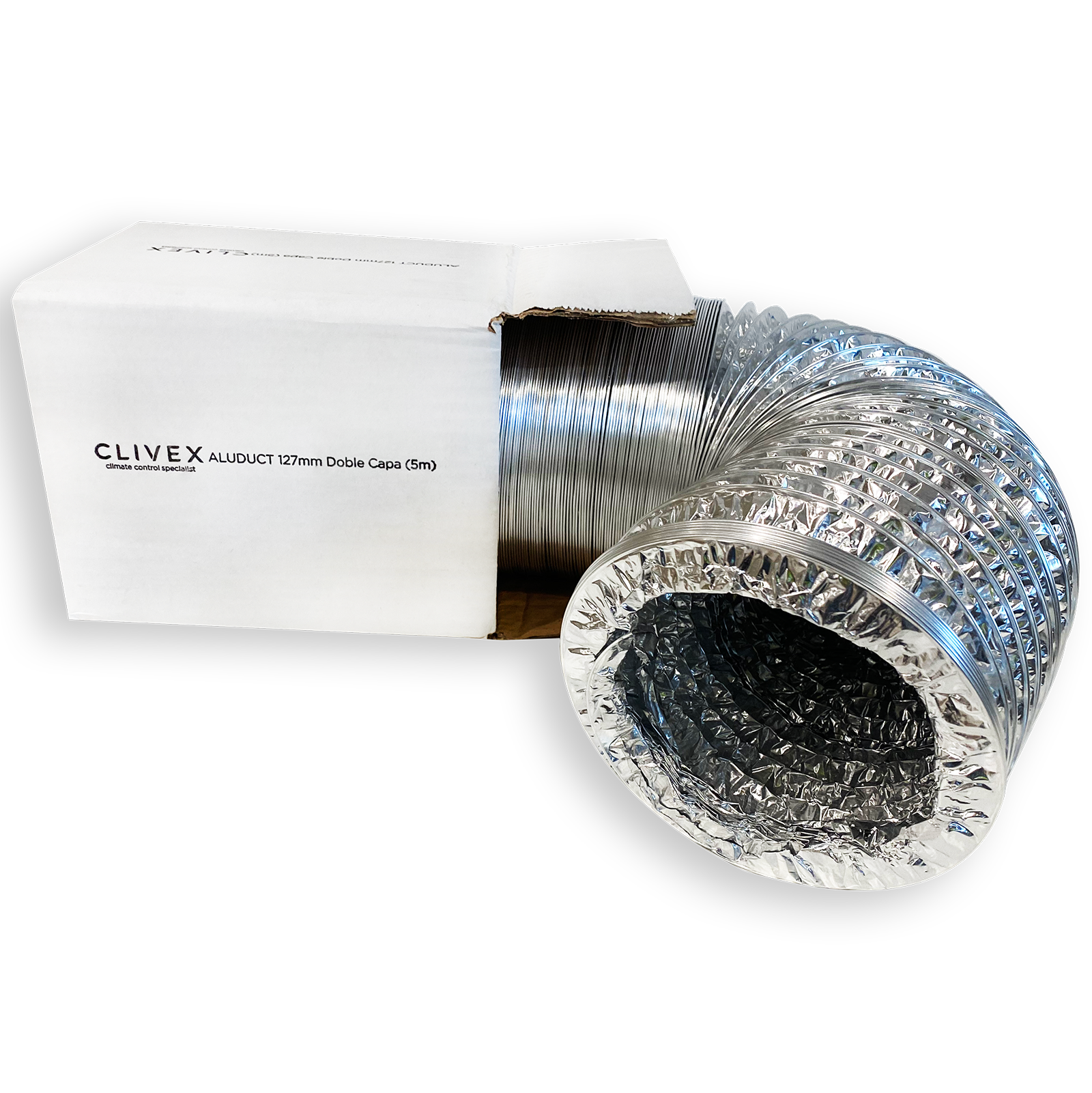 Clivex Aluduct Duplo Capa (5m) Caixa branca com tubo flexível metálico prateado saindo.