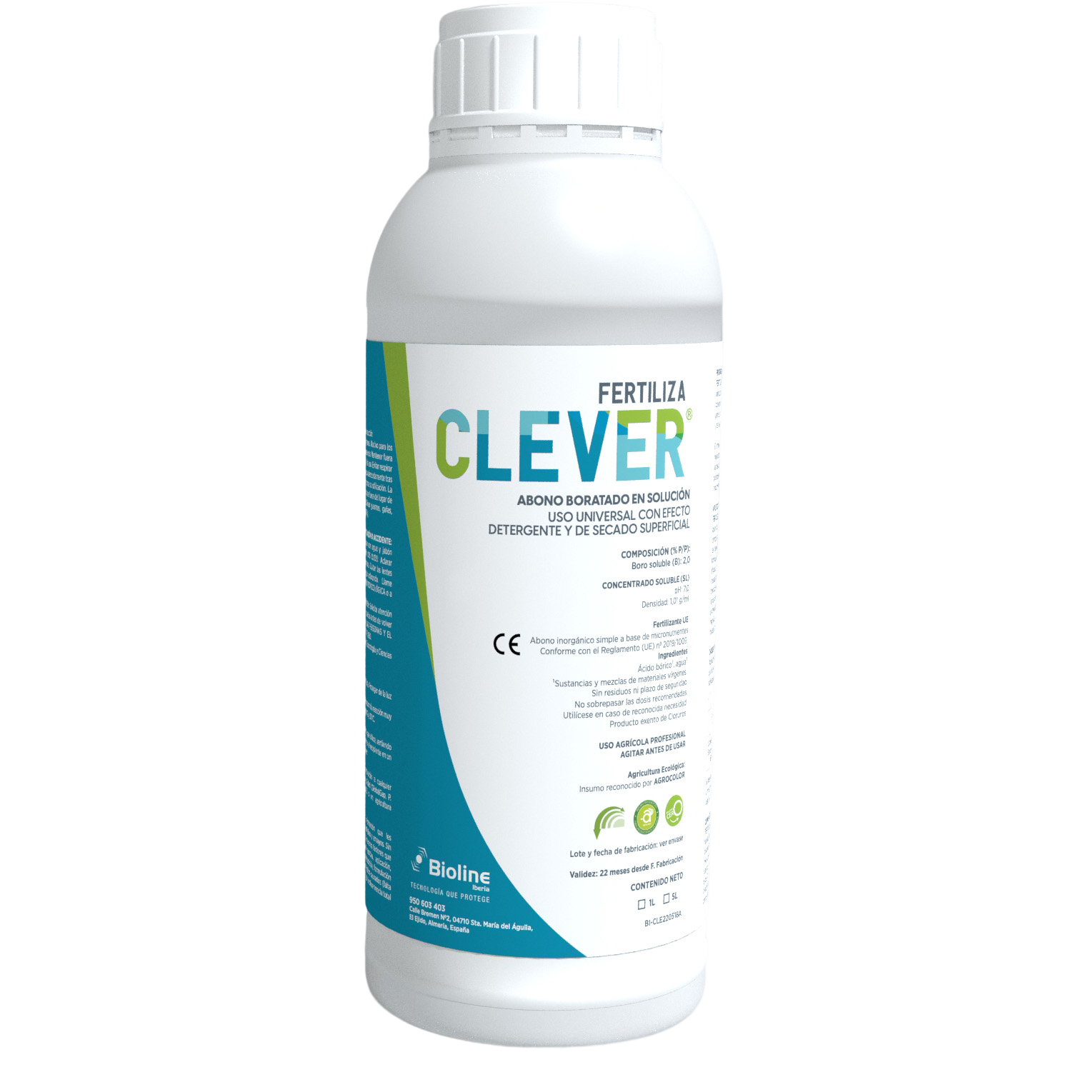 Fertiliza Clever 1L (Bioestimulante sem Residuos) Garrafa plástica branca de fertilizante CLEVER com rótulo branco, azul e verde.