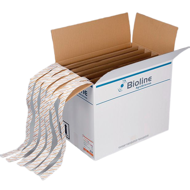 Montyline - Bugline - 6 faixas de 100 m - 250.000 indivíduos - Amblyseius montdorensis (Trips / Mosca Branca) Caixa branca Bioline AgroSciences com divisórias internas e tiras brancas com texto laranja