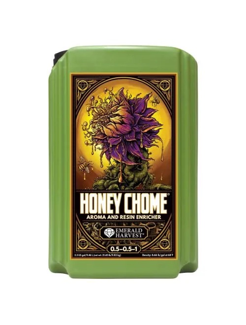 HONEY CHOME 9.46 L EMERALD HARVEST Recipiente verde de plástico com rótulo decorativo de flor e texto do produto Honey Chome.