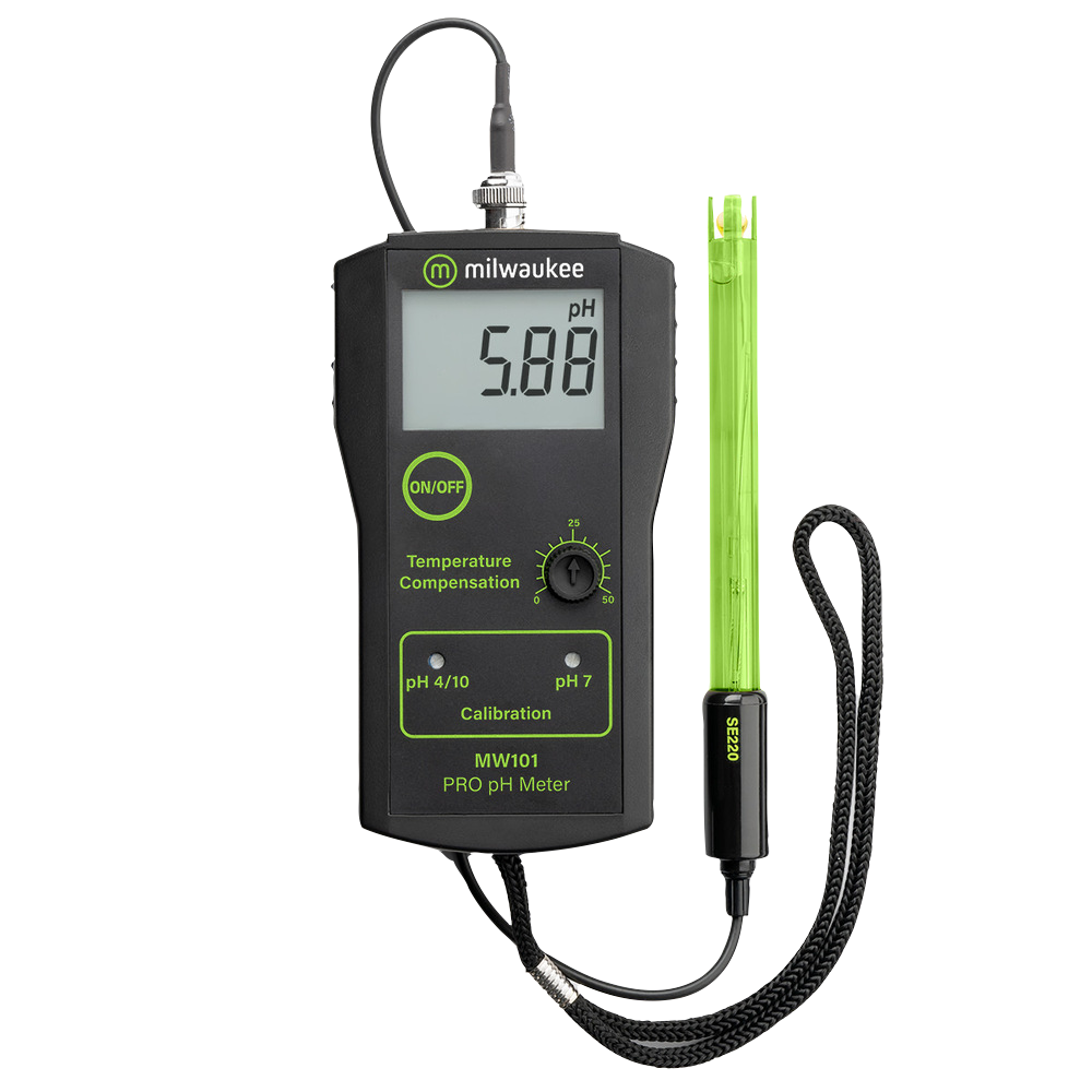 Milwaukee Medidor PH Portatil + Sonda (0.01) (MW101) Medidor digital de pH preto Milwaukee MW101 PRO com ecrã e eletrodo.