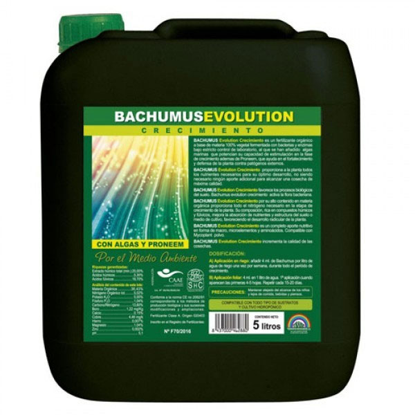 Bachumus Evolution Crescimento - 5 lt. Trabe Recipiente preto de 5 litros com tampa verde e etiqueta verde de fertilizante orgânico