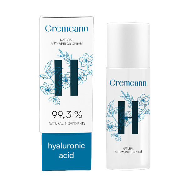 Cremcann Hyaluron 50 ml. Annabis Creme anti-rugas Cremcann com ácido hialurónico em frasco branco e embalagem com flores azuis