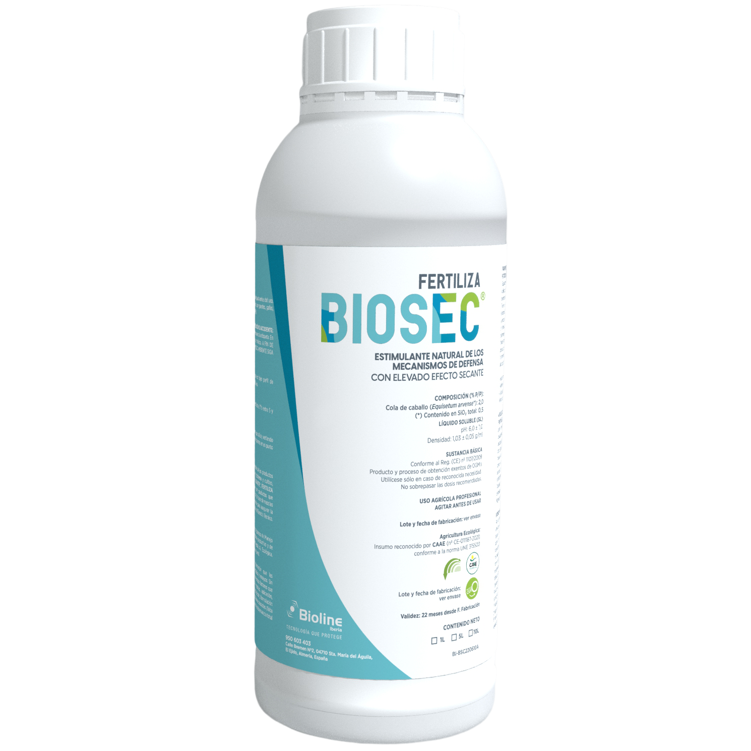 Fertiliza Biosec 1L (Bioestimulante sem Residuos) Frasco branco com rótulo azul e branco de fertilizante Biosec