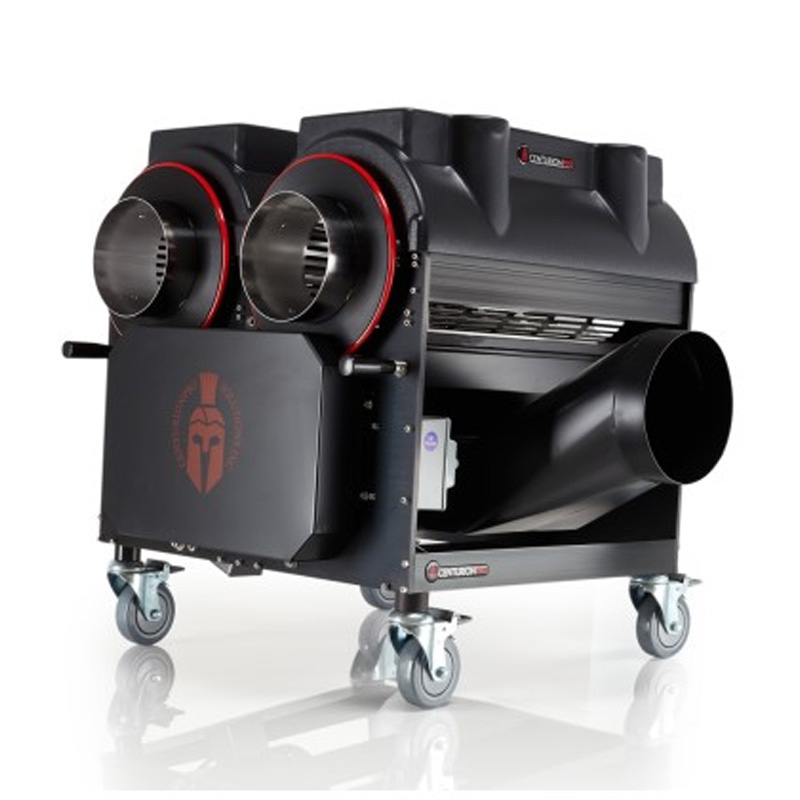 CenturionPro Trimmer Gladiator Electropulido Wet/Dry Equipamento industrial preto com saídas circulares vermelhas e rodas, logotipo de elmo romano