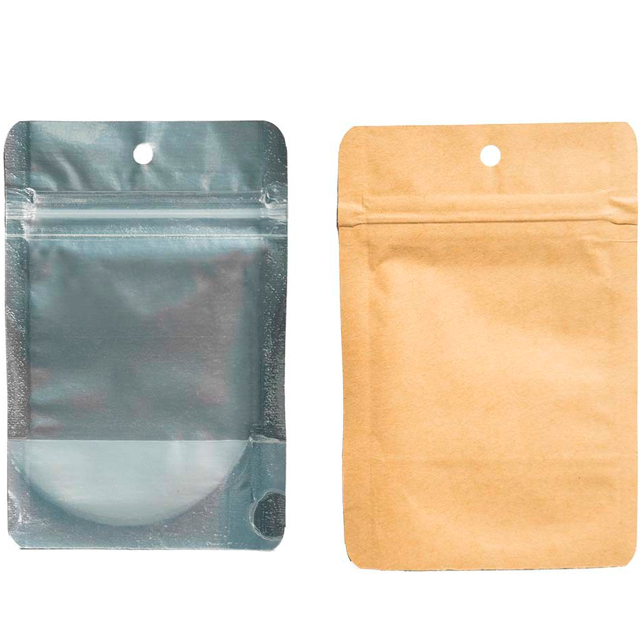 Bolsas Zip Anti-odor Kraft 3.5g 8.5x13cm (Pack 50uds) Sacos de embalagem transparente e de papel kraft castanho com fecho e furo para pendurar