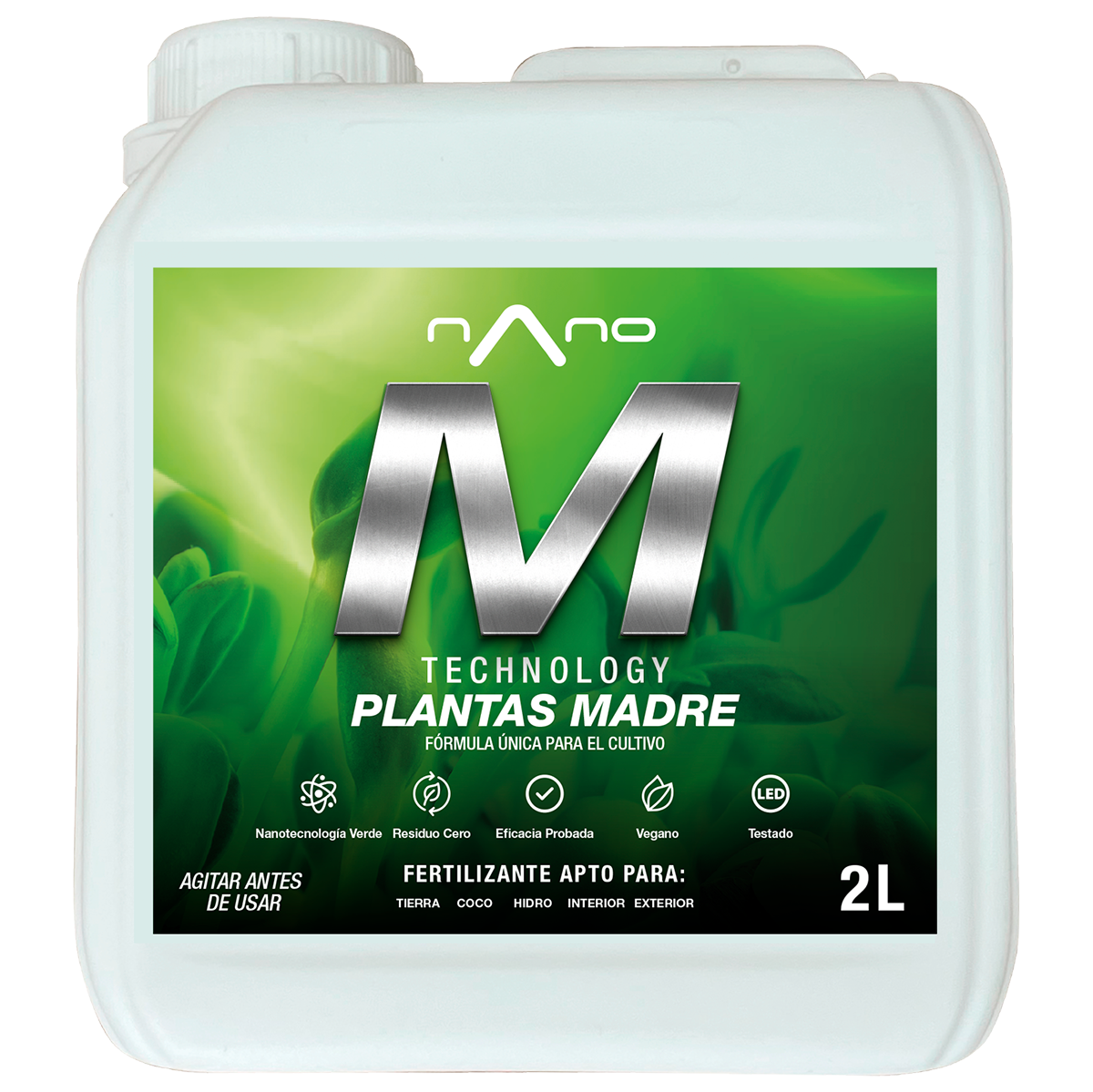 Nano M Fertilizante All in One para Cultivo de Mães - 2 L Recipiente de plástico branco com etiqueta verde e preta de fertilizante PLANTAS MADRE 2L