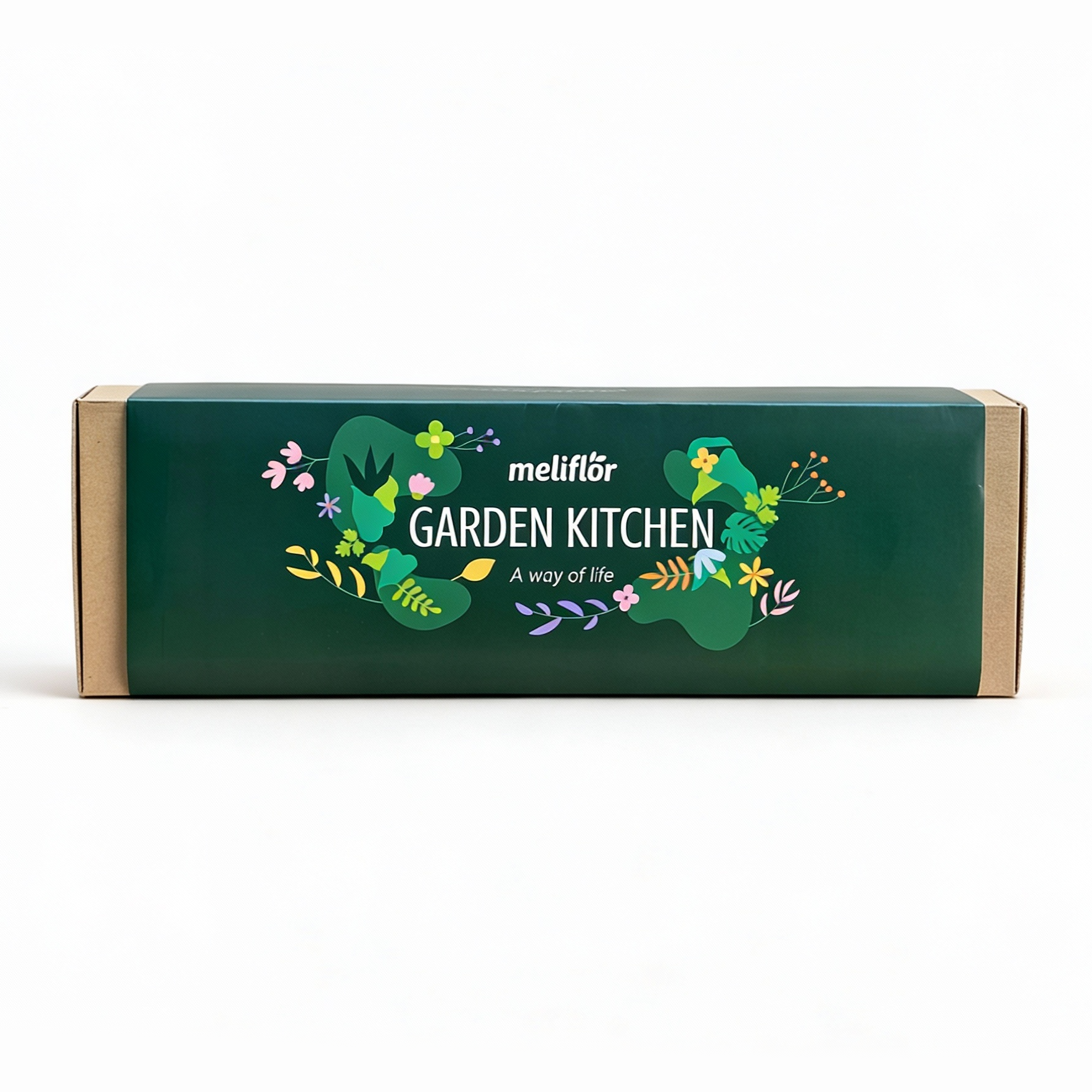 Kit Meliflor Garden Kitchen Embalagem verde escura com flores coloridas e texto meliflôr GARDEN KITCHEN A way of life