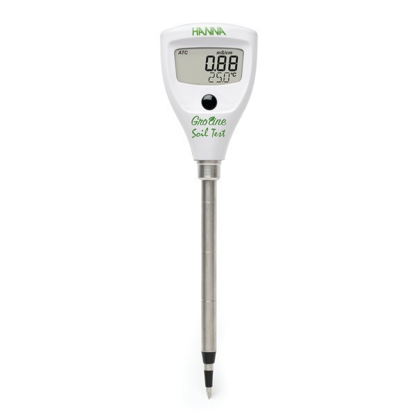 Medidor Solo Ec Hanna HI98331 Medidor digital de solo branco com visor LCD e haste metálica.