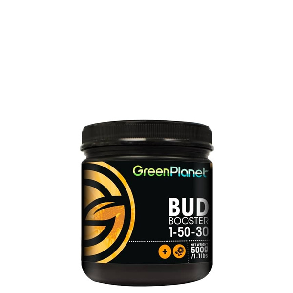 Bud Booster 500 gr. Green Planet Nutrients Frasco preto com rótulo da Green Planet Bud Booster