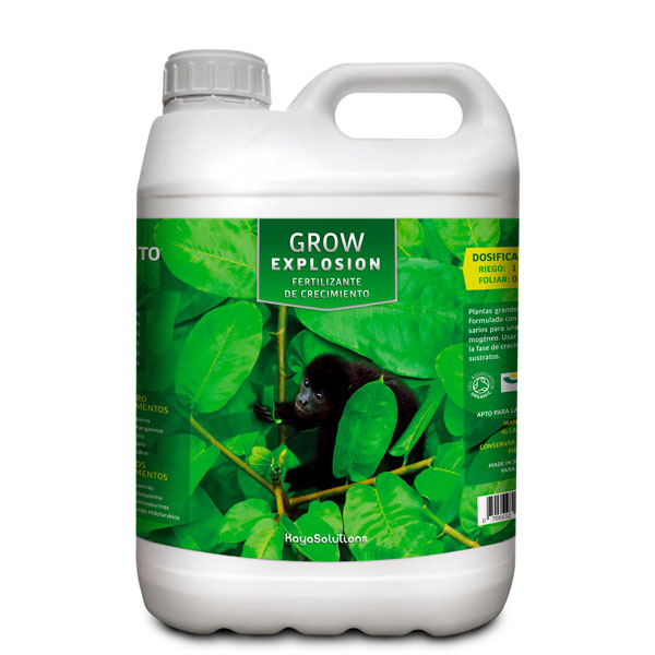 Grow Explosion - 5 lt. Kayasolutions Recipiente plástico com fertilizante Grow Explosion e rótulo verde com folhas e macaco