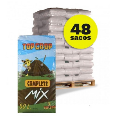Top Crop Palete Complete Mix 50L (48sacos) Sacos de composto TOP CROP Complete Mix 50L em palete com indicação 48 sacos.