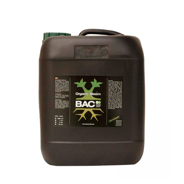Organic Bloom B.A.C. 10L Recipiente preto com rótulo 'Organic Bloom BAC' para jardinagem