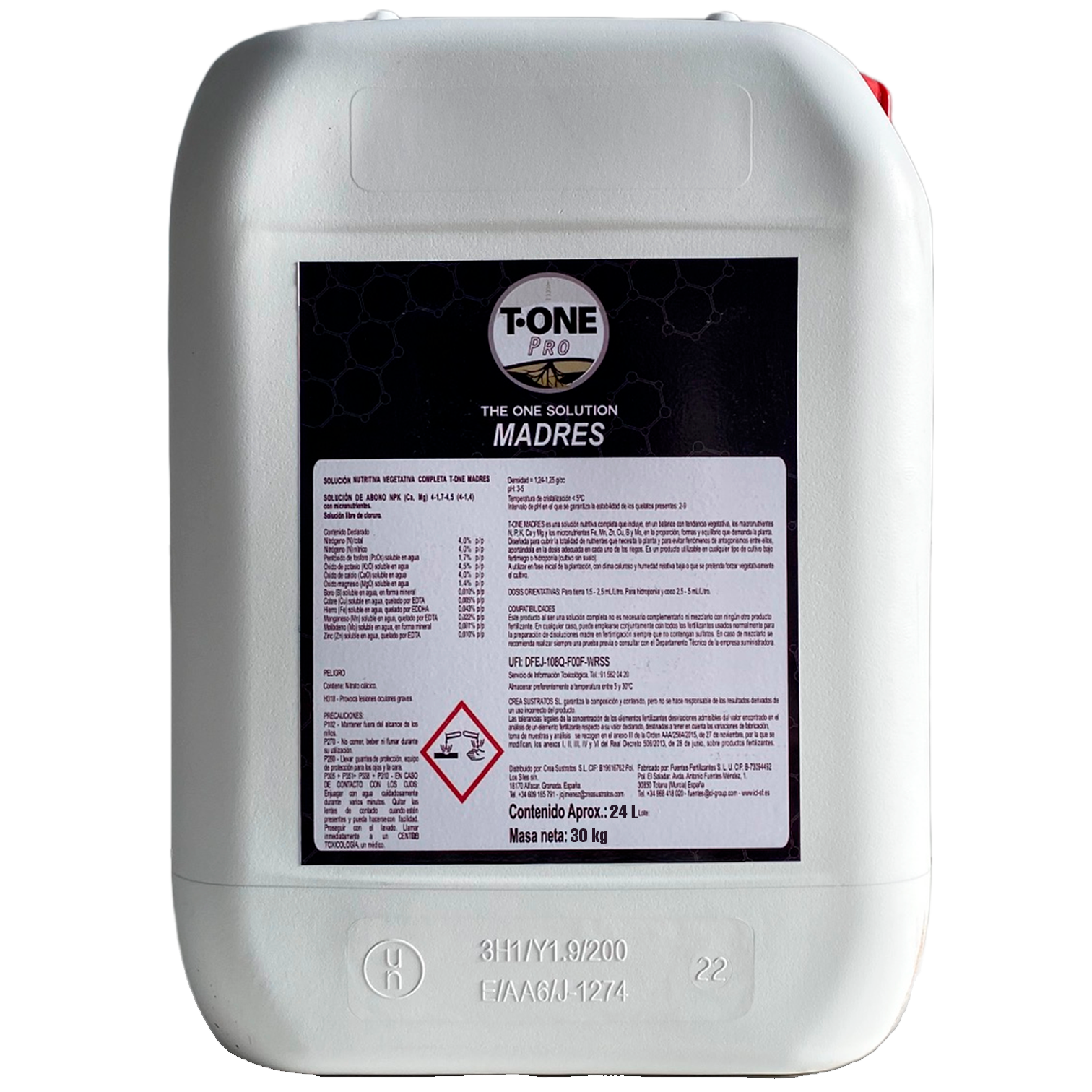 T-One Pro Madres - 24L Recipiente plástico branco com rótulo preto detalhando produto T-ONE PRO MADRES