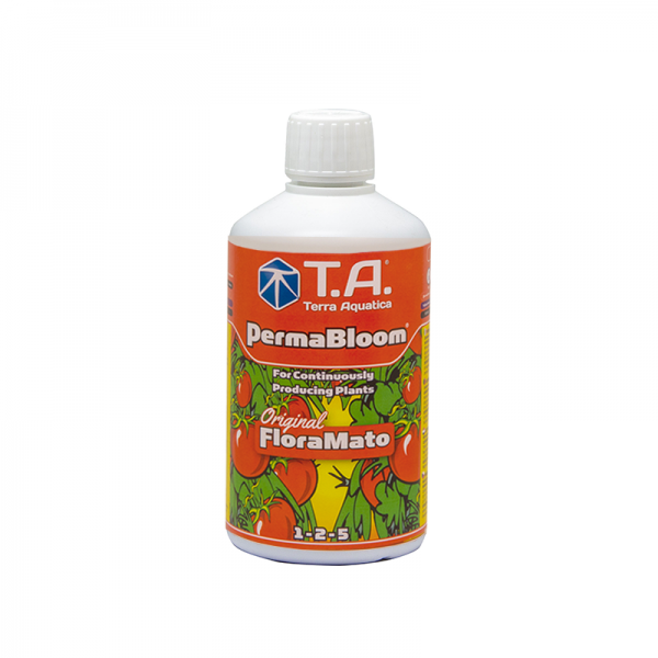 PermaBloom 500 ml Frasco de fertilizante PermaBloom T.A. Terra Aquatica com imagens de tomates e rótulo colorido