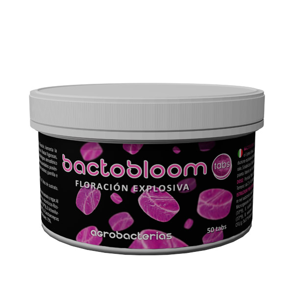 Bactobloom - Tabs 50 ud. Agrobacterias Recipiente de bactobloom tabs com partículas roxas e texto em fundo preto