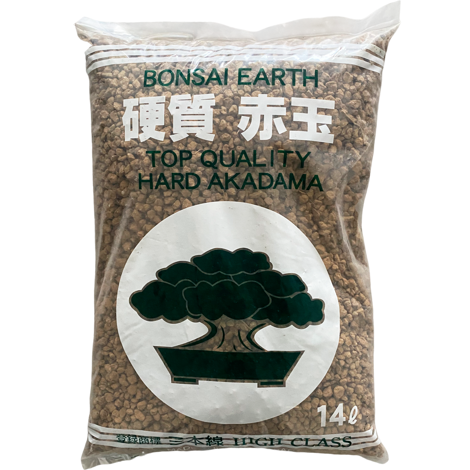 Substrato Akadama Ibaraki Triple Línea (SS_2-3mm) 14L Saco de material para cultivo Bonsai Earth com grânulos castanhos e desenho de árvore.