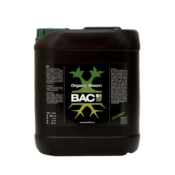 Organic Bloom B.A.C. 5L Recipiente preto quadrado com rótulo Organic Bloom BAC e tampa verde