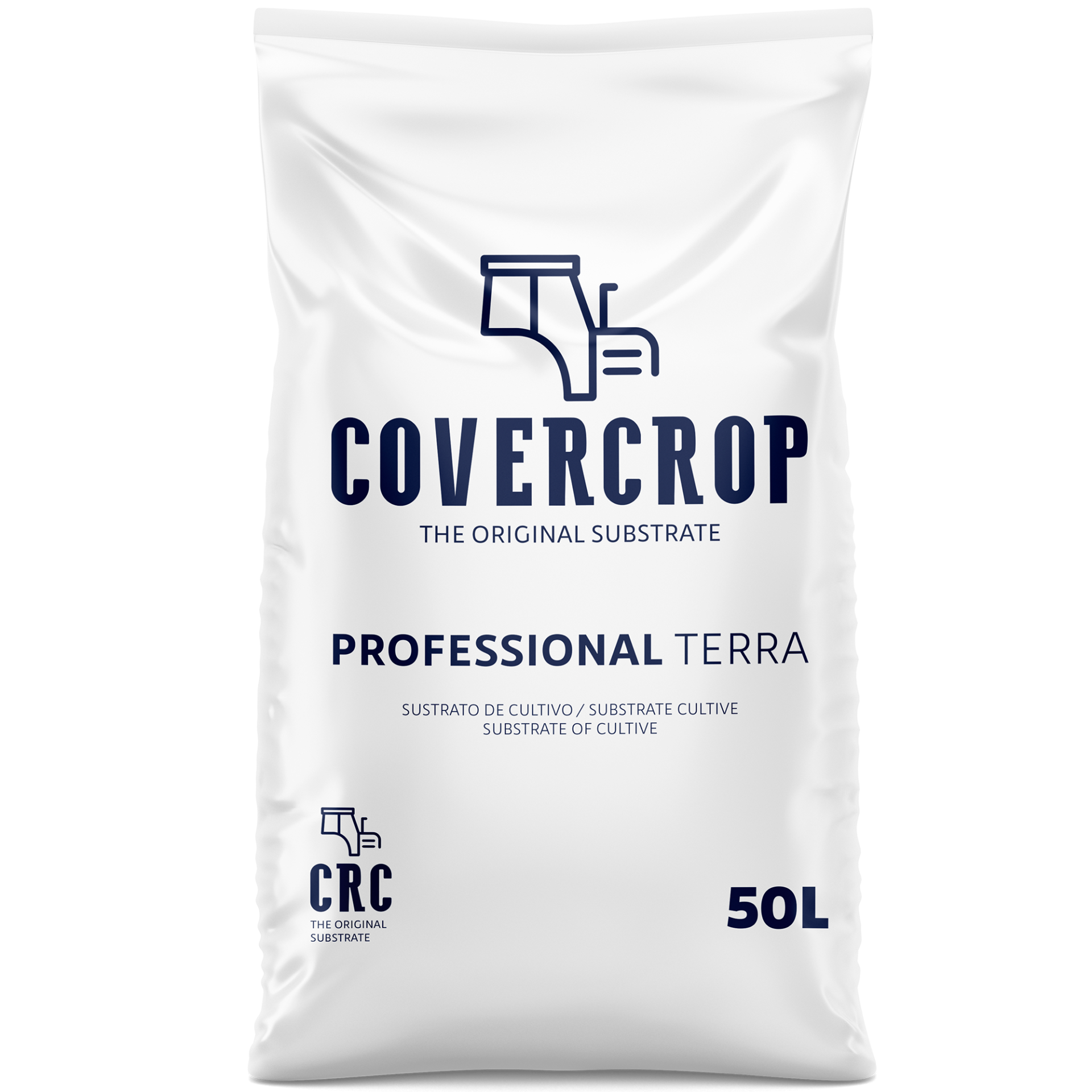 Covercrop Light Saco branco para substrato com texto azul e ícone de trator.