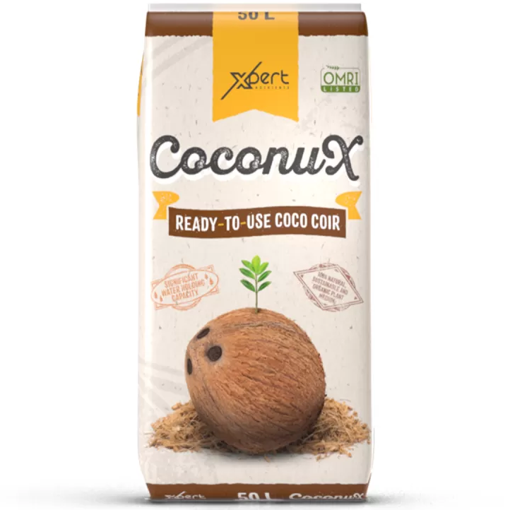 Xpert Nutrients CoconuX 50L Pacote de substrato de coco CoconuX 50L com imagem de coco e muda verde