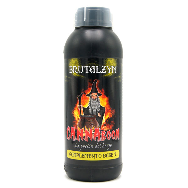 Brutalzym 1150ml Cannaboom Frasco preto com rótulo de feiticeiro e fogo