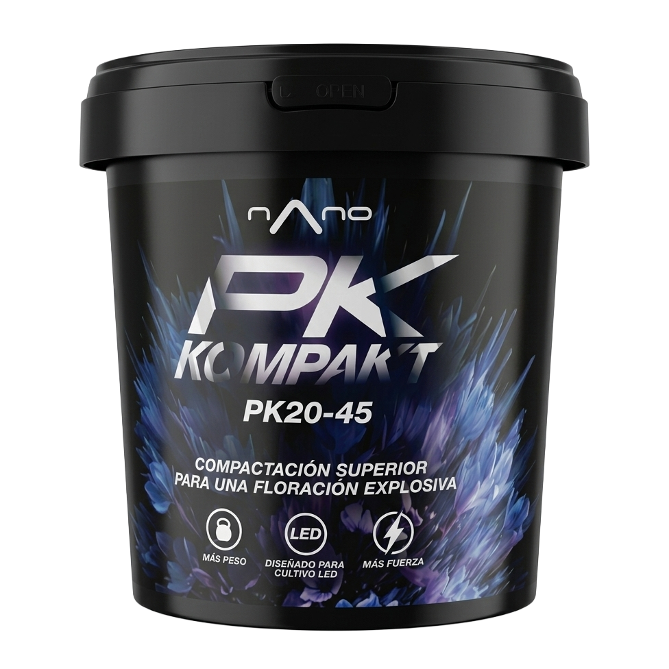 Nano PK Kompakt Embalagem preta de produto PK KOMPAKT com texto e padrão floral azul e roxo