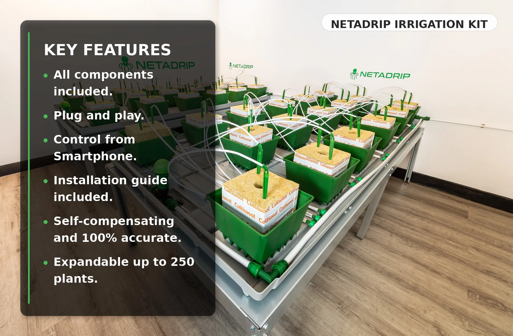 Kit Hydra Kit de irrigação Netadrip com vasos verdes, substrato Cultwool e tubos plásticos sobre estrutura metálica