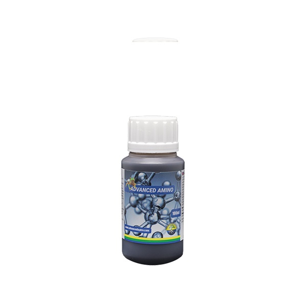 Advanced Amino 100ml frasco plástico azul escuro com tampa branca e rótulo azul e verde