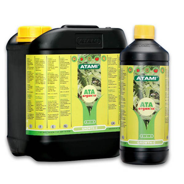 ATA Organics Growth-C 5L Frascos pretos de plástico com tampas amarelas e etiquetas verdes e amarelas da marca ATAMI.