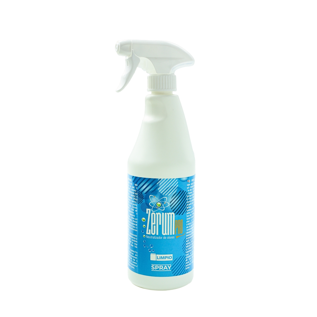 Zerum-Pro Spray Limpio 750ml Frasco de spray branco com etiqueta azul Zerum PRO para neutralizar odores