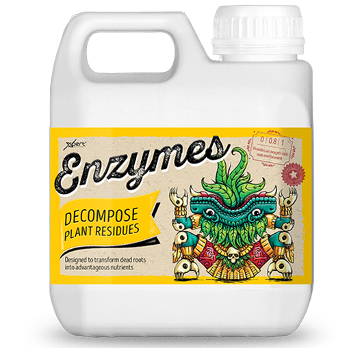 Xpert Nutrients Enzymes Recipiente branco com rótulo amarelo Enzymes DECOMPOSE e ilustração colorida