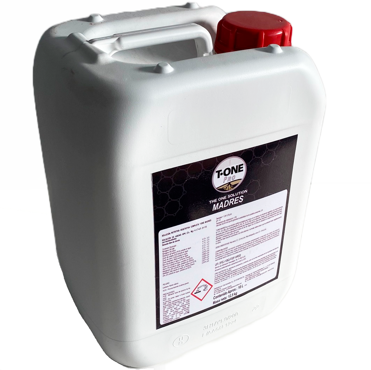 T-One Pro Madres - 10L Recipiente plástico branco com tampa vermelha e etiqueta preta e branca