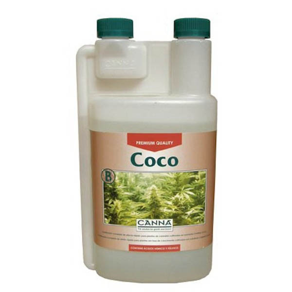 Canna Côco B 1L Frasco de plástico branco translúcido com rótulo bege e imagem de plantas verdes