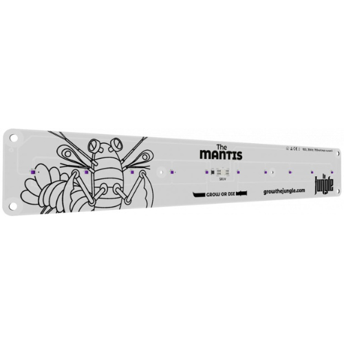 The Mantis 25W UV BOOSTER Régua branca com desenho de louva-a-deus e texto preto The MANTIS