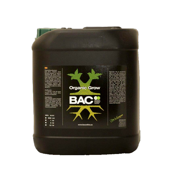 Organic Grow B.A.C. 5L Recipiente plástico preto com rótulo preto com texto e gráficos verdes e amarelos