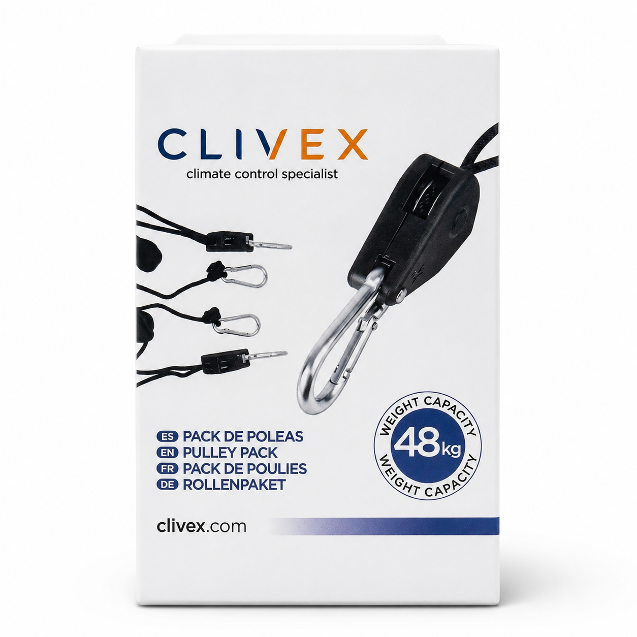 Hanger Pack Clivex 48Kg (Máximo par) Caixa branca com pack de poleias CLIVEX e texto multilíngue com capacidade de 48 kg