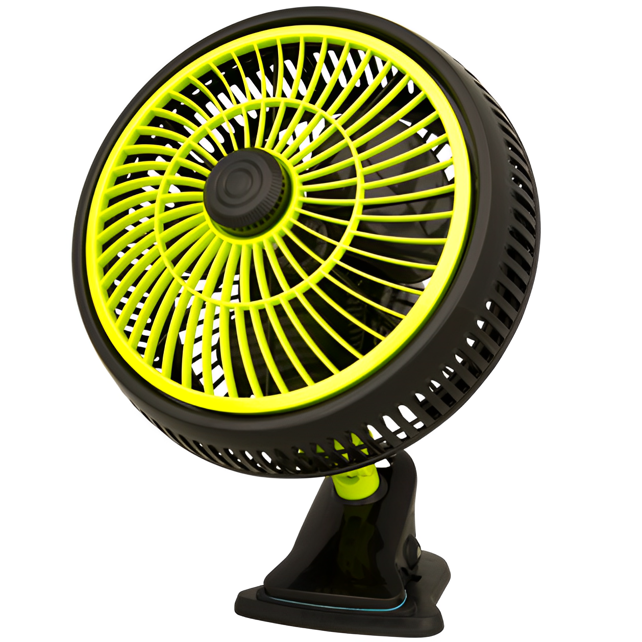 Ventoinha Clip Fan Garden Highpro Oscilante 2.0 de 25 cm 20 W Ventoinha portátil amarelo fluorescente com grelha e base preta com clipe.
