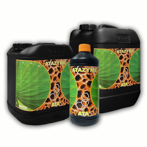 ATA Atazyme 5L Recipientes de plástico preto com etiquetas coloridas e texto ATAZYME
