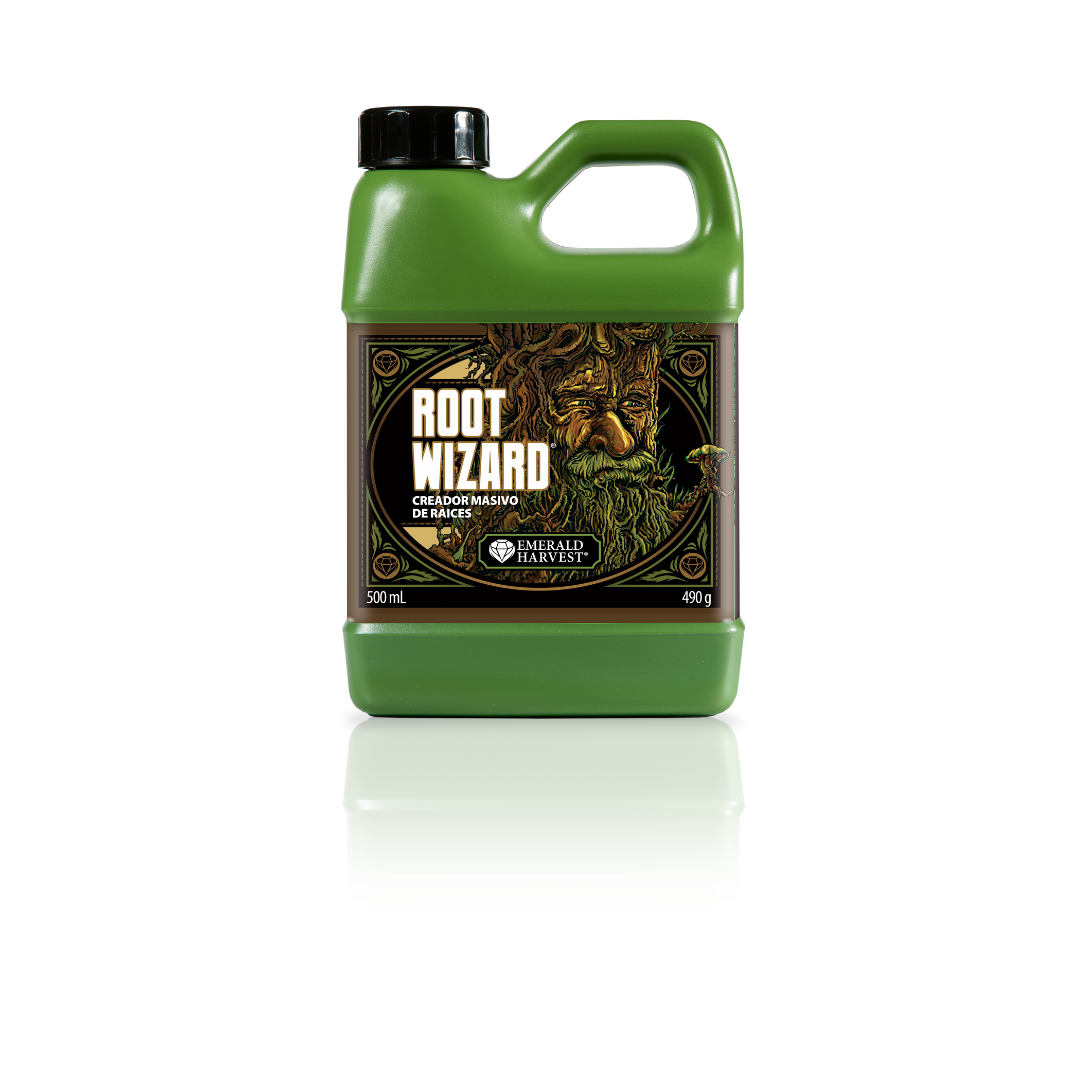 ROOT WIZARD 500ml EMERALD HARVEST Frasco verde de produto para crescimento de raízes com rótulo ilustrado