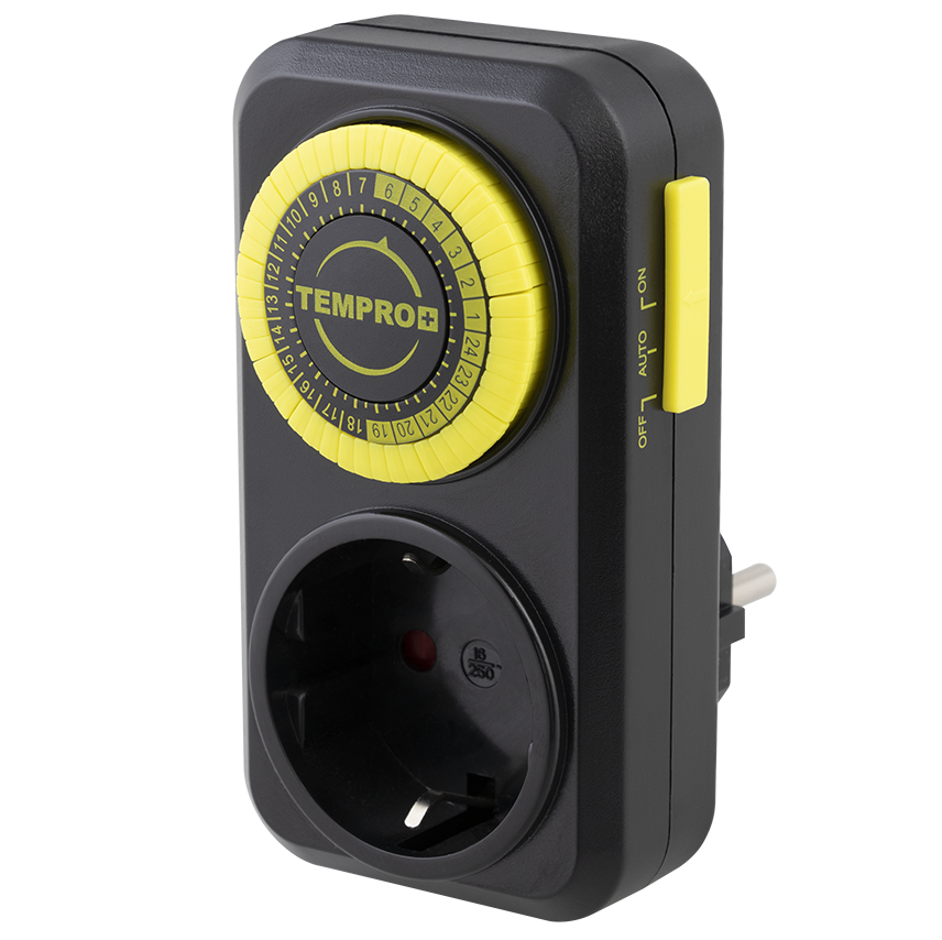 Garden Highpro Analog Timer Tomada temporizadora preta com disco de controlo amarelo e botão lateral amarelo