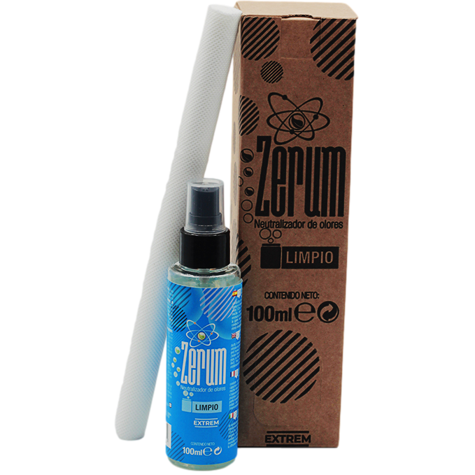 Zerum Extrem Limpio 100ml Spray neutralizador de odores Zerum Extrem com embalagem azul e caixa castanha