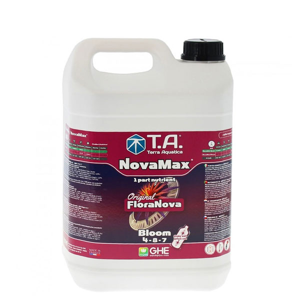 Novamax Bloom 5L Recipiente branco com rótulo vermelho e preto do produto NovaMax Terra Aquatica