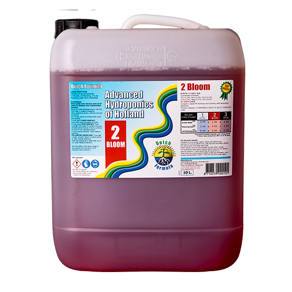 Dutch Formula Bloom 25L Recipiente plástico branco 10L com líquido vermelho e rótulo colorido Advanced Hydroponics