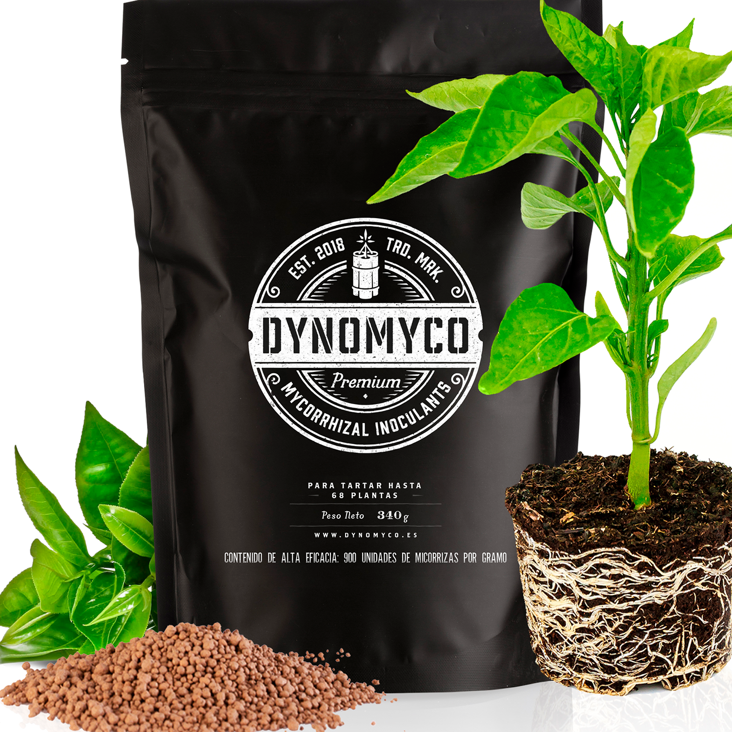 Dynomyco Micorrizas 340gr Saco preto de fertilizante Dynomyco com planta verde e pó granular castanho