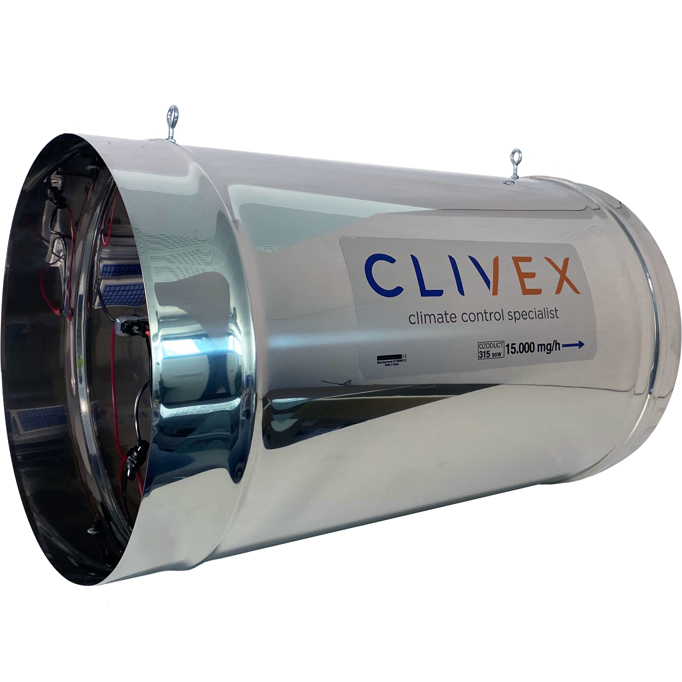 Clivex Ozoduct 315mm (15000mg/h) V.2 Cilindro metálico cromado com etiqueta CLIVEX climate control specialist