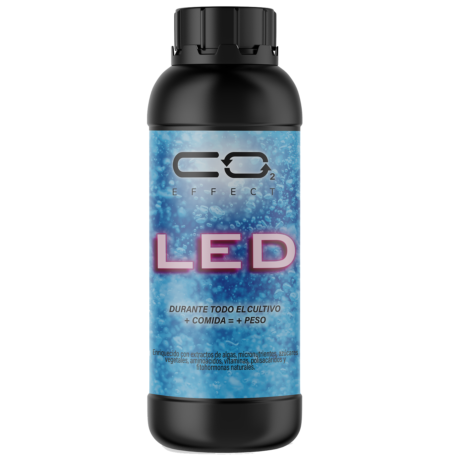 Bioestimulante CO2 Effect LED Garrafa preta de plástico com rótulo azul a bolhas e textos em espanhol.